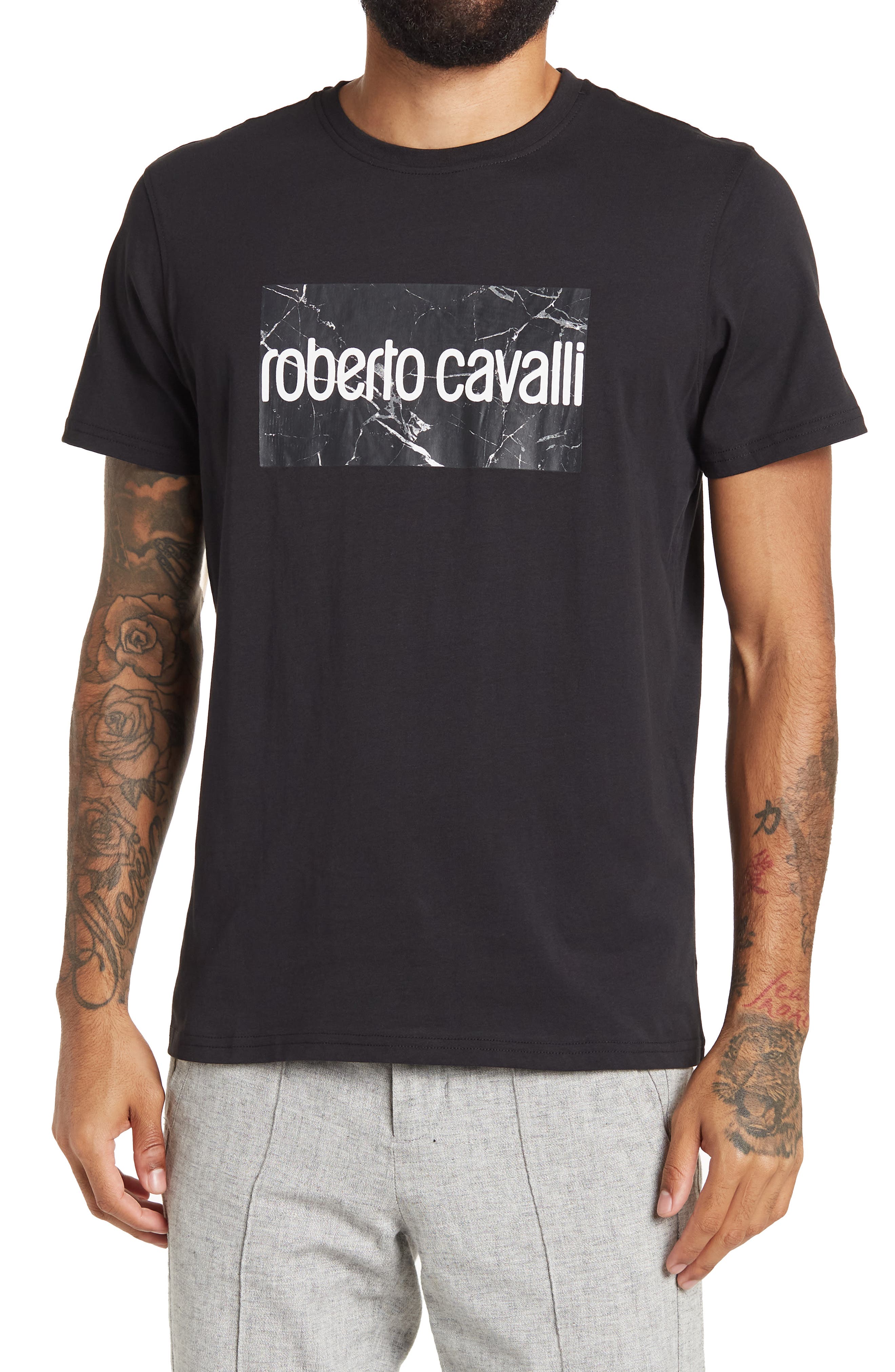 Roberto Cavalli Military Green Graffiti Logo Crewneck T-Shirt